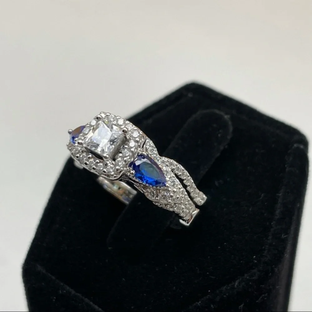 925 Sterling Silver‎ Diamond Sapphire 2 Band Wedding Bridal Engagement Ri…